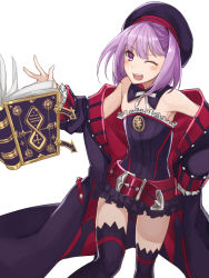 Rule 34 | 1girl, ;d, bare shoulders, belt, beret, book, coat, detached collar, fate/grand order, fate (series), frills, hand on own hip, hat, helena blavatsky (fate), helena blavatsky (third ascension) (fate), one eye closed, open book, open clothes, open coat, open mouth, purple eyes, purple hair, purple thighhighs, short hair, smile, solo, teeth, thighhighs, uraha