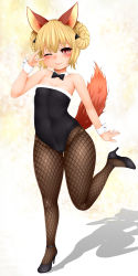 Rule 34 | 1girl, absurdres, animal ears, bad id, bad pixiv id, bare shoulders, blonde hair, blush, bow, bowtie, braid, collar, cuffs, elin, fishnet pantyhose, fishnets, flat chest, fox ears, fox tail, fur trim, high heels, highres, leotard, looking at viewer, mapar, one eye closed, pantyhose, red eyes, shadow, skindentation, smile, solo, standing, standing on one leg, tail, tera online, thigh gap, wrist cuffs