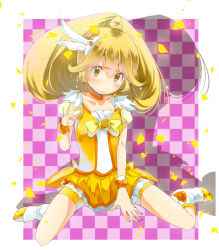 Rule 34 | 10s, 1girl, bad id, bad pixiv id, bike shorts, bike shorts under skirt, blonde hair, bow, checkered background, choker, cure peace, hair flaps, hair ornament, kise yayoi, ponytail, precure, shadow, shorts, shorts under skirt, sitting, skirt, smile precure!, socks, solo, v, wariza, wrist cuffs, yae (mono110), yellow bow, yellow eyes, yellow shorts, yellow skirt