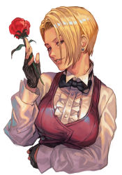 Rule 34 | 1girl, black gloves, blonde hair, blue eyes, bow, bowtie, breasts, earrings, flower, gloves, hair over one eye, half gloves, hungry clicker, jewelry, king (snk), long sleeves, looking at viewer, looking to the side, red flower, red rose, rose, short hair, simple background, smile, snk, solo, the king of fighters, the king of fighters xv, white background