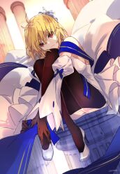 Rule 34 | 1girl, archetype earth, arcueid brunestud, bare shoulders, black gloves, blonde hair, blue skirt, blush, breasts, brown pantyhose, carimarica, cleavage, detached sleeves, dress, fate/grand order, fate (series), flower, gloves, hair flower, hair ornament, high heels, highres, large breasts, long skirt, looking at viewer, multicolored clothes, multicolored skirt, pantyhose, red eyes, short hair, skirt, smile, solo, tsukihime, white dress, white skirt