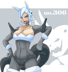 Rule 34 | 1girl, aggron, armor, blue eyes, blue hair, breasts, cleavage, creatures (company), fang, game freak, gen 3 pokemon, hip focus, large breasts, matching hair/eyes, mature female, monster girl, naughty face, nintendo, personification, pokemon, silver hair, smile, solo, standing, tail, tongue, tongue out, wide hips