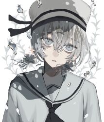 Rule 34 | 1boy, artist name, commentary request, grey eyes, hat, highres, jellyfish, kuleha s, original, sailor, sailor collar, sailor hat, short hair, simple background, solo, star (symbol), underwater, water, white background, white hair