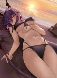 Rule 34 | 1girl, absurdres, arknights, bare arms, bare shoulders, beach, bikini, black bikini, blue hair, blush, breasts, ch&#039;en (arknights), ch&#039;en the holungday (arknights), chinese commentary, cleavage, clothes writing, commentary, commentary request, cowboy shot, dragon horns, dragon tail, eyebrows hidden by hair, flower, front-tie bikini top, front-tie top, hair between eyes, hair flower, hair ornament, highres, horns, large breasts, long hair, looking at viewer, lying, multi-strapped bikini, nail polish, navel, official alternate costume, on back, outdoors, paid reward available, pink eyes, purple hair, red eyes, rhodes island logo (arknights), rock, ru zhai, sidelocks, solo, stomach, string bikini, sunlight, sunset, swimsuit, tail, thighs, underboob, water, wet, white flower