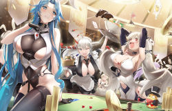 Rule 34 | 6+girls, ;d, ^^^, adapted costume, animal ears, apron, arm up, armpits, arms up, asymmetrical horns, azur lane, bare shoulders, belt, between breasts, black choker, black gloves, black legwear, black leotard, black necktie, black shirt, black skirt, blue eyes, blue hair, blush, breasts, card, casino, casino card table, character request, choker, cleavage, clothing cutout, coin, collarbone, commentary, commission, cowboy shot, detached collar, dice, dress, earrings, english commentary, fake animal ears, fake tail, feather dress, fish (food), food, formidable (azur lane), formidable (timeless classics) (azur lane), gainoob, gloves, hair between eyes, hair on horn, hair ribbon, hakuryuu (azur lane), hakuryuu (slice dice and serve) (azur lane), holding, holding card, holding tray, horns, indoors, jewelry, kronshtadt (azur lane), lamp, large breasts, leotard, long hair, looking at viewer, maid apron, maid headdress, manjuu (azur lane), mismatched horns, multiple girls, multiple horns, navel, navel cutout, necktie, necktie between breasts, northern parliament (emblem), o-ring, o-ring belt, o o, official alternate costume, one eye closed, open mouth, parted bangs, playboy bunny, playing card, poker chip, rabbit ears, rabbit tail, red eyes, red horns, ribbon, roulette, roulette table, sashimi, shadow, shirt, short sleeves, sidelocks, signature, sitting, skindentation, skirt, sleeveless, sleeveless dress, smile, sovetskaya belorussiya (azur lane), standing, strapless, strapless leotard, table, tail, teeth, thighhighs, tray, twintails, two-tone dress, two-tone ribbon, underboob, underbust, unicorn (azur lane), upper teeth only, very long hair, vest, white apron, white dress, white eyes, white gloves, white hair, white horns, white vest
