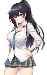 Rule 34 | 1girl, black hair, blush, breasts, cleavage, commentary request, green necktie, green skirt, hand on own hip, idolmaster, idolmaster shiny colors, large breasts, long hair, looking at viewer, nakatama kyou, necktie, plaid, plaid skirt, pleated skirt, ponytail, school uniform, shirase sakuya, skirt, sleeves rolled up, smile, solo, standing, white background, yellow eyes