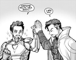 Rule 34 | 2boys, animification, arc reactor, arm up, armor, avengers: infinity war, avengers (series), clenched hand, cloak, closed eyes, closed mouth, commentary, dishing, doctor strange, english text, facial hair, fingernails, full armor, gradient background, greyscale, hand up, high five, iron man, jewelry, long sleeves, looking at another, male focus, marvel, marvel cinematic universe, monochrome, multicolored hair, multiple boys, necklace, power armor, shirt, short hair, simple background, smile, sparkle, speech bubble, standing, superhero, symbol-only commentary, teeth, tony stark, two-tone hair, v-shaped eyebrows