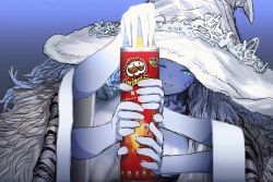 Rule 34 | 1girl, animated, blue background, blush, breasts, chips (food), cloak, elden ring, food, from software, fur cloak, hat, medium breasts, meme, multiple arms, potato chips, pringles, ranni the witch, saint uvuv, smile, suggestive, tagme, third-party edit, video, white hat