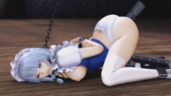 Rule 34 | 1girl, 3d, @oz, animated, animated gif, arms behind back, bdsm, blue hair, bondage, bound, braid, breasts, breasts out, chain, closed eyes, clothing aside, collar, cuffs, dildo, female focus, izayoi sakuya, maid headdress, moaning, nipples, object insertion, on floor, panties, panties aside, restrained, sex toy, shackled, shackles, short hair, solo, spreader bar, thighhighs, top-down bottom-up, touhou, twin braids, underwear, vaginal, vibrator, white thighhighs