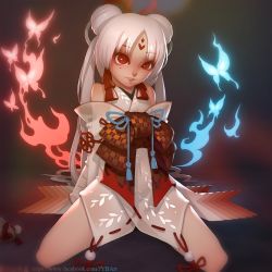 Rule 34 | 1girl, arms behind back, breasts, bug, butterfly, commentary request, facial mark, fire, hair ornament, insect, japanese clothes, kimono, kneeling, long hair, looking at viewer, makeup, mole, mole under eye, onmyoji, red lips, see-through, shiranui (onmyoji), smile, solo, white hair, zhaoyebai