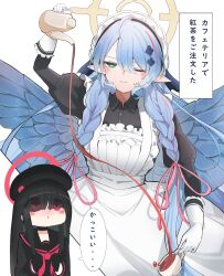Rule 34 | 2girls, :o, ;), absurdres, alternate costume, apron, aqua eyes, beret, black gloves, black hair, black headwear, black shirt, blue archive, blue hair, blue wings, blush, chibi, clenched hands, cup, enmaided, feathered wings, gloves, hair over eyes, halo, hat, highres, holding, holding coffee pot, holding cup, justice task force member (blue archive), looking up, maid, maid apron, maid headdress, mine (blue archive), multiple girls, narration, one eye closed, pointy ears, pouring, red eyes, school uniform, serafuku, shirt, simple background, smile, speech bubble, unli free, white apron, white background, white gloves, wings