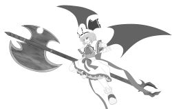 Rule 34 | 1girl, alternate weapon, axe, bad id, bad pixiv id, bat wings, battle axe, bow, brooch, capelet, curiosities of lotus asia, fangs, fingernails, frills, greyscale, grin, hat, hat ribbon, highres, huge weapon, jewelry, monochrome, pointy ears, remilia scarlet, ribbon, short hair, skirt, smile, solo, touhou, wade99, weapon, wings