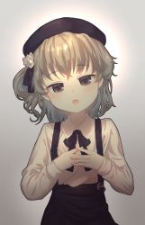 Rule 34 | 1girl, absurdres, bad id, bad pixiv id, beret, black hat, black ribbon, black skirt, blush, brown eyes, child, collared shirt, commentary, fangs, flower, gradient background, grey background, hat, hatoba tsugu, head tilt, highres, light brown hair, long sleeves, looking at viewer, mole, mole under eye, neck ribbon, open mouth, own hands together, ribbon, shirt, short hair, simple background, skirt, solo, suspender skirt, suspenders, upper body, virtual youtuber, white background, white shirt, yampa