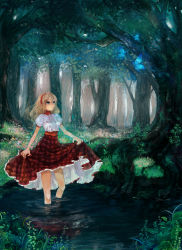 Rule 34 | 1girl, absurdres, ahoge, blonde hair, bug, butterfly, clothes lift, dress, dress lift, forest, glowing, grass, hairband, highres, insect, leaf, nature, original, pisuke, plant, reflection, ripples, solo, tree, wading, water