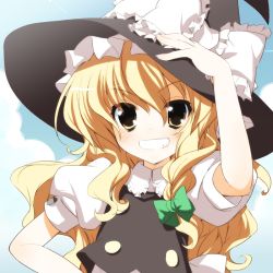 Rule 34 | 1girl, blonde hair, bow, colorized, female focus, gotou nao, grin, hand on headwear, hand on own hip, hat, kirisame marisa, kurot, smile, solo, touhou, upper body, witch, witch hat, yellow eyes