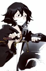 Rule 34 | 1other, androgynous, black eyes, black hair, black jacket, chinese commentary, closed mouth, cocopalm, commentary request, frown, holding, holding sword, holding weapon, hood, hood down, hooded jacket, jacket, len&#039;en, long sleeves, other focus, pale skin, shitodo kuroji, short hair, simple background, sketch, solo, sword, weapon, white background