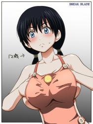 Rule 34 | &gt;:(, 1girl, apron, awa, black hair, blue eyes, blush, break blade, breast hold, breasts, cleo saubraffe, copyright name, frown, large breasts, long hair, low twintails, naked apron, sideboob, solo, translation request, twintails, v-shaped eyebrows