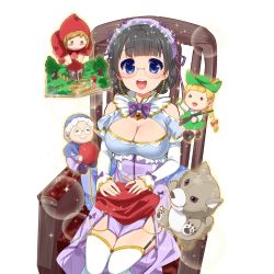 Rule 34 | 1girl, :d, = =, arm up, bare shoulders, basket, bent over, big bad wolf, black footwear, black hair, blonde hair, blue eyes, blunt bangs, blush stickers, book, boots, bow, bowtie, braid, breasts, brooch, brown hair, bush, capelet, chair, cleavage, cleavage cutout, clothing cutout, colored eyelashes, doll, dress, eyewear strap, fang, fence, french braid, frilled hat, frills, garter straps, gem, glasses, glowing, grandmother (little red riding hood), grass, green dress, green hat, grey eyes, gun, happy, hat, hat bow, hat feather, hat ribbon, holding, holding gun, holding weapon, hood, house, hunter (little red riding hood), jewelry, knitting, knitting needle, kusaka souji, lace, large breasts, little red riding hood, little red riding hood (grimm), long hair, long sleeves, looking at viewer, mob cap, nail polish, needle, o o, official art, open book, open mouth, outline, outstretched arm, path, pelvic curtain, picnic basket, pillow, pink dress, pink nails, pop-up book, puffy long sleeves, puffy sleeves, purple bow, purple bowtie, purple dress, purple ribbon, red bow, red footwear, red gemstone, ribbon, rifle, rimless eyewear, road, rock, rocking chair, roomy powan, round eyewear, shoes, short hair, shoulder cutout, sitting, smile, solo, sparkle, stuffed animal, stuffed toy, taut clothes, thighhighs, transparent background, tree, uchi no hime-sama ga ichiban kawaii, very long hair, walking, weapon, white hair, white thighhighs, wooden fence, yarn, yarn ball, zettai ryouiki