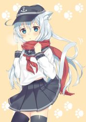 Rule 34 | 10s, 1girl, animal ears, black skirt, black thighhighs, blue eyes, blush, cat ears, cat girl, cat tail, clothes lift, cowboy shot, enpera, flat cap, hair between eyes, hands up, hat, hibiki (kancolle), kantai collection, kemonomimi mode, light brown background, long hair, long sleeves, neckerchief, parted lips, paw print, pleated skirt, red neckerchief, red scarf, scarf, school uniform, serafuku, silver hair, skirt, skirt lift, solo, tail, thighhighs, toujou mina