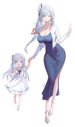 Rule 34 | 2girls, absurdres, alternate costume, blue dress, blue eyes, braid, breasts, chamuhz, cleavage, collarbone, commentary request, covered navel, dress, earrings, eyes visible through hair, flower, genshin impact, highres, holding hands, jacket, jewelry, large breasts, legs, long hair, looking at viewer, low-braided long hair, low-tied long hair, multiple girls, nail polish, necklace, open clothes, open jacket, open mouth, puffy short sleeves, puffy sleeves, sandals, shenhe (genshin impact), short sleeves, side slit, simple background, smile, tassel, tassel earrings, toenail polish, toenails, toes, white background, white dress, white hair, white jacket