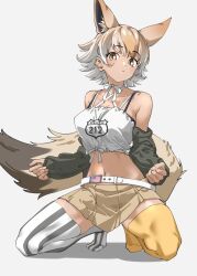 Rule 34 | 1girl, american flag, animal ears, asymmetrical legwear, bare shoulders, belt, black jacket, black thighhighs, blonde hair, blush, brown skirt, choker, coyote (kemono friends), crop top, extra ears, hair between eyes, highres, jacket, kemono friends, kemono friends v project, kneeling, light brown hair, long sleeves, looking at viewer, midriff, multicolored hair, navel, no shoes, open clothes, open jacket, pleated skirt, shirt, short hair, sidelocks, skirt, solo, spaghetti strap, spread legs, striped clothes, striped thighhighs, tail, tanabe (fueisei), thighhighs, two-tone thighhighs, vertical-striped clothes, vertical-striped thighhighs, virtual youtuber, white belt, white choker, white hair, white shirt, white thighhighs, wolf ears, wolf tail, yellow eyes, yellow thighhighs, zettai ryouiki