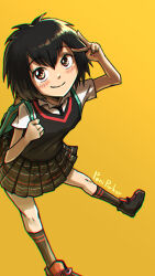Rule 34 | 1girl, backpack, bag, black footwear, black hair, black necktie, black skirt, black socks, black sweater vest, blush, bob cut, breasts, brown eyes, character name, chromatic aberration, closed mouth, commentary, dress shirt, full body, green bag, hair between eyes, highres, holding strap, kneehighs, leaning forward, leg up, looking at viewer, marvel, necktie, peni parker, plaid, plaid skirt, pleated skirt, rokuwatto, salute, school uniform, shirt, shoes, short hair, short sleeves, simple background, skirt, small breasts, smile, sneakers, socks, solo, spider-man: into the spider-verse, spider-man (series), spider-verse, standing, standing on one leg, sweater vest, upturned eyes, v, very short hair, white shirt, yellow background