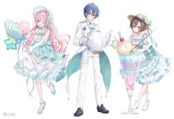 Rule 34 | 1boy, 2girls, :d, ;d, ankle strap, aqua ascot, aqua bow, aqua choker, aqua coat, aqua footwear, aqua hair, aqua ribbon, ascot, bare shoulders, belt, bespectacled, black footwear, blue eyes, blue flower, blue hair, blue rose, bonnet, boutonniere, bow, braid, braided bangs, brown eyes, brown hair, brown headwear, candy, cherry, choker, closed mouth, coat, cookie, copyright notice, cross-laced footwear, cuff links, daisy, detached sleeves, double-parted bangs, dress, dress bow, drinking straw, empire waist, eyewear strap, finger to own chin, fishnet pantyhose, fishnet socks, fishnets, flower, flower ornament, food, footwear bow, frilled dress, frilled shirt collar, frilled socks, frills, fruit, full body, glasses, gloves, hair between eyes, hair flower, hair ornament, hairclip, hat, hat bow, hat flower, heart, heart-shaped lollipop, high heels, highres, holding, holding candy, holding food, holding lollipop, holding teapot, ice cream, ice cream float, juliet sleeves, kaito (vocaloid), lace-trimmed choker, lace trim, lapels, layered dress, legs apart, light blush, lollipop, long hair, long sleeves, looking at viewer, megurine luka, meiko (vocaloid), multicolored hair, multiple girls, notched lapels, official art, one eye closed, open mouth, oversized food, oversized object, pants, pantyhose, parted lips, pink hair, pocky, puffy sleeves, pumps, ribbon, rose, round eyewear, sakura shiori, shaped lollipop, shirt, shoes, short hair, sidelocks, simple background, sleeve cuffs, sleeveless, sleeveless dress, smile, socks, standing, standing on one leg, star-shaped cookie, star-shaped food, star (symbol), straw hat, streaked hair, swirl lollipop, tailcoat, teapot, thigh belt, thigh strap, two-sided coat, two-sided fabric, two-tone dress, vocaloid, waist bow, wavy hair, white ascot, white background, white bow, white choker, white coat, white dress, white flower, white gloves, white headwear, white pants, white pantyhose, white rose, white shirt, white socks, yellow-framed eyewear