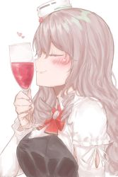 Rule 34 | 1girl, alcohol, az toride, bow, bowtie, commentary request, corset, cup, drinking glass, grey hair, hair between eyes, hat, heart, kantai collection, mini hat, pola (kancolle), profile, red bow, red bowtie, shirt, simple background, solo, upper body, wavy hair, white background, white shirt, wine, wine glass