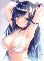 Rule 34 | 1girl, absurdres, armpits, arms behind head, arms up, bikini, black hair, blush, bow, bowtie, breasts, brown eyes, cleavage, closed mouth, collar, frills, gradient background, head wings, heart o-ring, highres, large breasts, light particles, long hair, looking at viewer, mitsuba choco, o3o, original, scan, shiny skin, simple background, solo, sunlight, sweat, sweatdrop, swimsuit, upper body, wet, wings