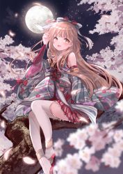 Rule 34 | 10s, 1girl, blurry, blush, brown eyes, brown hair, cherry blossoms, depth of field, detached sleeves, floral print, from side, full moon, hair ornament, hand in own hair, hand up, idolmaster, idolmaster cinderella girls, idolmaster cinderella girls starlight stage, japanese clothes, kimono, long hair, looking at viewer, moon, night, open mouth, oro ponzu, outdoors, petals, sitting, smile, solo, thighhighs, yorita yoshino