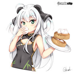 Rule 34 | 1girl, absurdres, bamboo steamer, baozi, black dress, blush, borrowed character, china dress, chinese clothes, chrisandita, commentary, covered navel, cropped torso, dress, english commentary, food, green eyes, highres, holding, holding food, holding tray, long hair, original, parted lips, silver hair, simple background, sleeveless, sleeveless dress, solo, tray, upper body, very long hair, white background