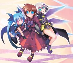 Rule 34 | 3girls, armor, belt, blue eyes, blue hair, blush, brown hair, buckle, cape, dress, fang, fingerless gloves, gloves, green eyes, grey hair, hair ornament, hair ribbon, hairclip, long hair, lyrical nanoha, mahou shoujo lyrical nanoha, mahou shoujo lyrical nanoha a&#039;s, mahou shoujo lyrical nanoha a&#039;s portable: the battle of aces, lord dearche, levi the slasher, stern the destructor, multicolored hair, multiple girls, open mouth, puffy sleeves, red eyes, ribbon, satsuki suzuran, short hair, skirt, smile, sweatdrop, thighhighs, twintails, two-tone hair, very long hair, wings