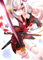Rule 34 | 1girl, absurdres, bare shoulders, bell, center-flap bangs, commentary request, dual wielding, gradient hair, hair bell, hair bun, hair ornament, highres, hihi (oekakihix), holding, holding sword, holding weapon, hololive, horns, japanese clothes, jingle bell, kimono, long hair, long sleeves, looking at viewer, multicolored hair, nakiri ayame, off shoulder, red eyes, red hair, red kimono, rope, shimenawa, single hair bun, skin-covered horns, smile, solo, sword, tassel, tassel hair ornament, thighhighs, virtual youtuber, weapon, white hair, white thighhighs