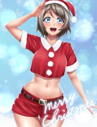 Rule 34 | 1girl, :d, belt, blue eyes, blush, christmas, cowboy shot, crop top, fur trim, grey hair, hat, highres, hip bones, looking at viewer, love live!, love live! school idol festival, love live! school idol project, love live! sunshine!!, merry christmas, midriff, navel, open mouth, pom pom (clothes), red hat, red shirt, red shorts, salute, santa costume, shirt, short hair, short shorts, short sleeves, shorts, smile, snowflakes, solo, stomach, tama (tamakaka1031), watanabe you