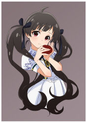 Rule 34 | 1girl, ahoge, alternate eye color, alternate hair color, black ribbon, blush, border, bow, brown background, brown hair, closed mouth, commentary request, cropped legs, dress, flower, frilled dress, frills, frown, goma konbu, gradient background, hair bow, hair over shoulder, hakozaki serika, hands up, holding, holding flower, idolmaster, idolmaster million live!, jewelry, lone nape hair, long hair, looking at viewer, neck ribbon, necklace, pendant, pleated dress, puffy short sleeves, puffy sleeves, red eyes, red flower, red rose, ribbon, rose, short sleeves, solo, split mouth, swept bangs, twintails, very long hair, white border, white dress