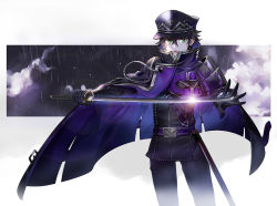 Rule 34 | 1boy, :o, aiguillette, armor, bad id, bad pixiv id, belt, black cape, black gloves, black hair, black hat, black pants, black shirt, cape, feet out of frame, gloves, green eyes, hair between eyes, hat, high collar, holding, holding sword, holding weapon, houhou (black lack), japanese armor, long sleeves, looking at viewer, male focus, outstretched arms, pants, rain, scabbard, sheath, shirt, shoulder armor, sode, spread fingers, standing, stitches, suishinshi masahide, sword, touken ranbu, unsheathed, weapon