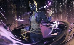 Rule 34 | 1boy, animal ears, ankh, bandaged hand, bandaged torso, bandages, black pants, black suit, bug, butterfly, cane, cityscape, commentary, dated, dislyte, drew (anubis) (dislyte), english commentary, formal, furry, furry male, glowing, glowing eyes, highres, holding, holding cane, insect, jackal boy, jackal ears, looking at viewer, male focus, monocle, pants, riverion, signature, suit