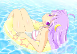 Rule 34 | 1girl, ahoge, alternate costume, blush, crescent, crescent hair ornament, female focus, hair ornament, kasumisometsuki, long hair, partially submerged, patchouli knowledge, purple eyes, purple hair, solo, star (symbol), swimsuit, touhou, water