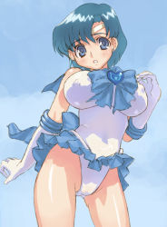 Rule 34 | 1990s (style), 1girl, bishoujo senshi sailor moon, blue bow, blue eyes, blue hair, blue sailor collar, blue skirt, blue theme, bow, breasts, brooch, covered erect nipples, gloves, heart, heart brooch, hirose (mokiki), jewelry, large breasts, magical girl, matching hair/eyes, miniskirt, mizuno ami, panties, pantyshot, retro artstyle, sailor collar, sailor mercury, skirt, solo, super sailor mercury, underwear, upskirt, white gloves