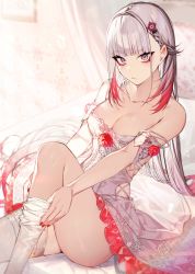 Rule 34 | 1girl, absurdres, blunt bangs, braid, breasts, bridal veil, bride, clothing cutout, dress, elbow gloves, eyebrows, eyelashes, eyeliner, flower, frills, gloves, gradient hair, hair flower, hair ornament, highres, kayahara, long hair, makeup, multicolored hair, nail polish, on bed, original, putting on legwear, red hair, rose, silver hair, sitting, solo, strapless, strapless dress, textless version, thighhighs, thighs, tiara, underboob, underboob cutout, veil, very long hair, wedding, wedding dress, white dress, white thighhighs, wind