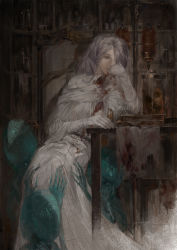Rule 34 | 1girl, blood, blood on clothes, blood on gloves, bloodborne, blue nails, blue skin, book, book stack, chair, colored skin, dress, eldritch abomination, fingernails, gloves, grey hair, hair over one eye, head rest, horror (theme), iosefka, jar, long hair, nail polish, naux, painterly, parted lips, purple eyes, sitting, solo focus, torn, vial, white dress, white gloves