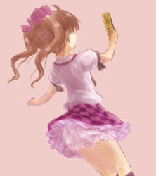 Rule 34 | 1girl, bloomers, brown hair, cellphone, checkered clothes, checkered skirt, commentary request, frilled skirt, frills, hat, hidden face, himekaidou hatate, holding, holding phone, legs together, long hair, miniskirt, naegi (naegidokoro), nape, outstretched arm, parted hair, phone, profile, puffy short sleeves, puffy sleeves, purple hat, purple skirt, selfie, short sleeves, skirt, solo, taking picture, tokin hat, touhou, twintails, underwear, upskirt