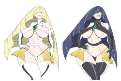 Rule 34 | 1girl, 2018, absurdres, alternate costume, alternate eye color, alternate hair color, black hair, black lips, blonde hair, breasts, brooch, covered erect nipples, cowboy shot, creatures (company), curvy, game freak, green eyes, grin, hand on own hip, highres, jewelry, large breasts, long hair, lusamine (pokemon), multiple views, navel, nintendo, pokemon, pokemon sm, slb, smile, thighhighs, thong, underboob, wide hips, yellow eyes, yellow lips