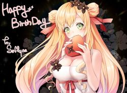 Rule 34 | alternate costume, bad id, bad twitter id, black flower, blonde hair, blush, box, breasts, character name, cleavage, colored inner hair, double bun, dress, flower, green eyes, hair bun, hair flower, hair ornament, happy birthday, heart-shaped box, korean commentary, looking at viewer, medium breasts, moi (latte art), multicolored hair, nijisanji, nijisanji kr, pink hair, seffyna, smile, solo, upper body, virtual youtuber, white dress