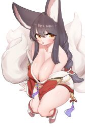 Rule 34 | 1girl, absurdres, ahri (league of legends), animal ear fluff, animal ears, black hair, blush, braid, braided ponytail, breasts, cleavage, closed mouth, collarbone, curvy, detached sleeves, facial mark, female focus, fox ears, fox girl, fox tail, from above, full body, hair between eyes, highres, huge breasts, kitsune, korean clothes, kyuubi, kyuubi, large breasts, league of legends, long hair, looking at viewer, multiple tails, shiny skin, sidelocks, solo, tail, thick thighs, thighs, tongue, tongue out, whisker markings, white background, wide hips, yabby, yellow eyes