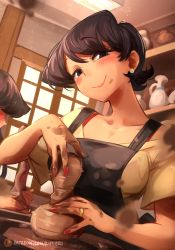 Rule 34 | 2girls, absurdres, apron, black apron, black hair, blouse, blush, bra strap, breasts, clay, closed mouth, collarbone, commentary, dutch angle, earrings, embarrassed, english commentary, flipped hair, hair between eyes, head tilt, highres, indoors, jewelry, khyle., komi-san wa komyushou desu, komi shuuko, large breasts, light, looking at viewer, mother and daughter, multiple girls, nail polish, patreon username, pearl earrings, phallic symbol, pink lips, pot, potters wheel, purple eyes, red nails, ring, sexually suggestive, shirt, short hair, short sleeves, smile, spinning, upper body, vase, wedding band, wet lens, window, yellow shirt