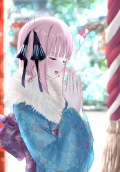 Rule 34 | blue kimono, butterfly hair ornament, closed mouth, from side, fur-trimmed kimono, fur trim, furisode, go-toubun no hanayome, hair ornament, hatsumoude, heart, highres, japanese clothes, kimono, long sleeves, medium hair, miyabitaroo, nail polish, nakano nino, new year, open mouth, outdoors, own hands clasped, own hands together, pink hair, praying, print kimono, profile, shrine, shrine bell, wide sleeves