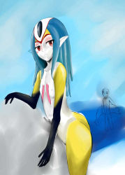 Rule 34 | beach, blue hair, breasts, monster girl, mutio, pointy ears, red eyes, small breasts