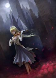 Rule 34 | 1girl, blonde hair, bow (music), breasts, cleavage, crowdesu, dress, elbow gloves, female focus, flower, full moon, gloves, holding, holding bow (music), holding instrument, holding violin, instrument, long hair, medium breasts, moon, nature, outdoors, plant, rose, sky, solo, violin