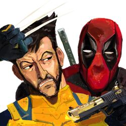 Rule 34 | 2boys, beard, benadieshekiel, bodysuit, brown hair, claws, commentary, deadpool, deadpool &amp; wolverine, deadpool (series), english commentary, facial hair, gun, highres, holding, holding gun, holding weapon, katana, looking at another, male focus, marvel, mask, multiple boys, red bodysuit, short hair, superhero costume, sword, teeth, weapon, wolverine (x-men), x-men, yellow bodysuit